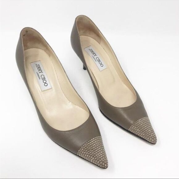 EUC Jimmy Choo Taupe Crystal Tip Leather Heels Nappa Taupe Sz. 36.5 - Picture 3 of 10